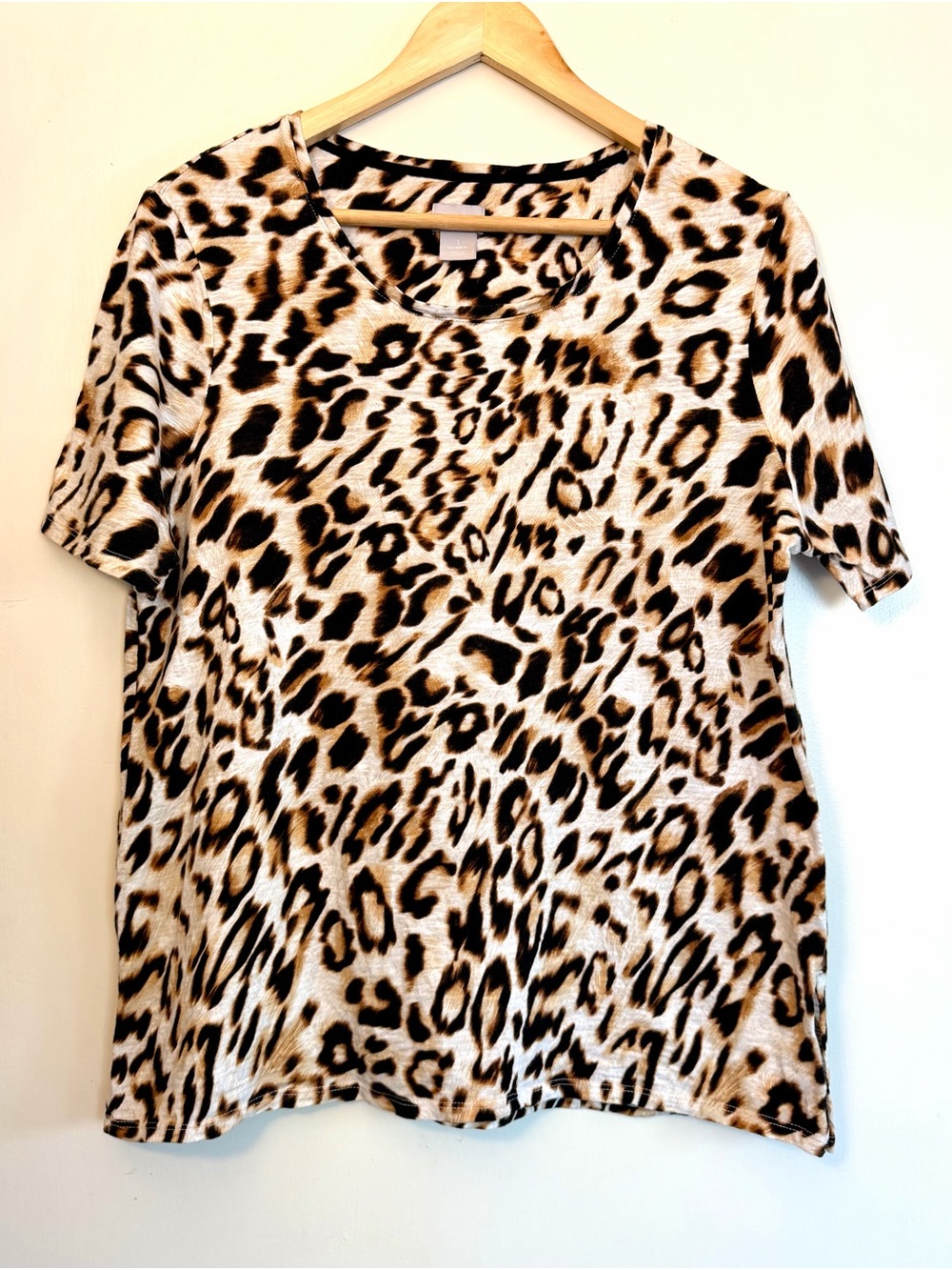 Chicos Leopard Print Short Sleeve Top with Back Button Neck - Beige/Black Sz M